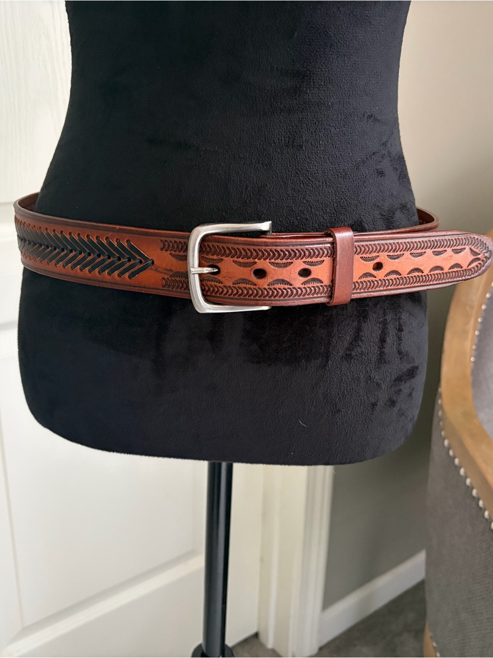 Men's Brown Tooled Leather Belt with Silver Buckle